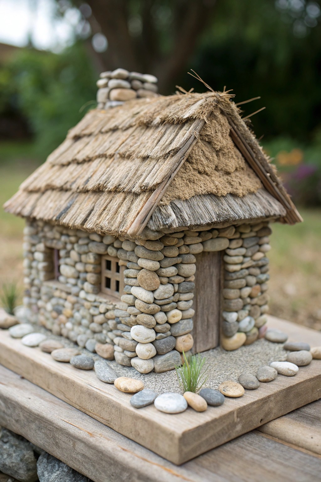 Handmade fairy cottage: river stones and thatched grass for timeless woodland charm.