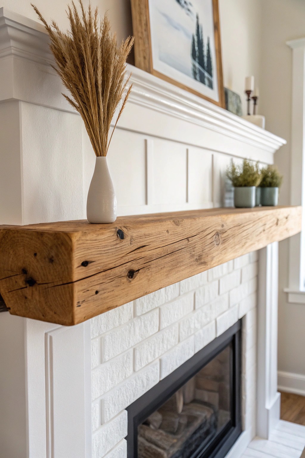 Elevate your fireplace with the natural charm of a floating wood mantel.