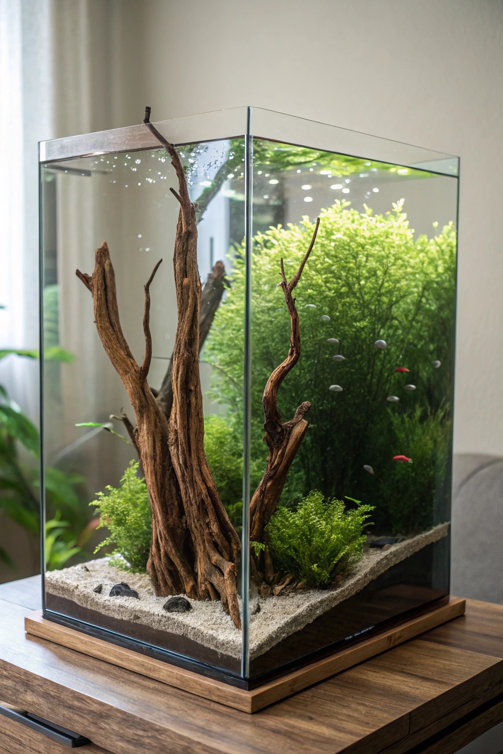 Bring the magic of an underwater forest retreat into your home with elegant driftwood and lush greenery.