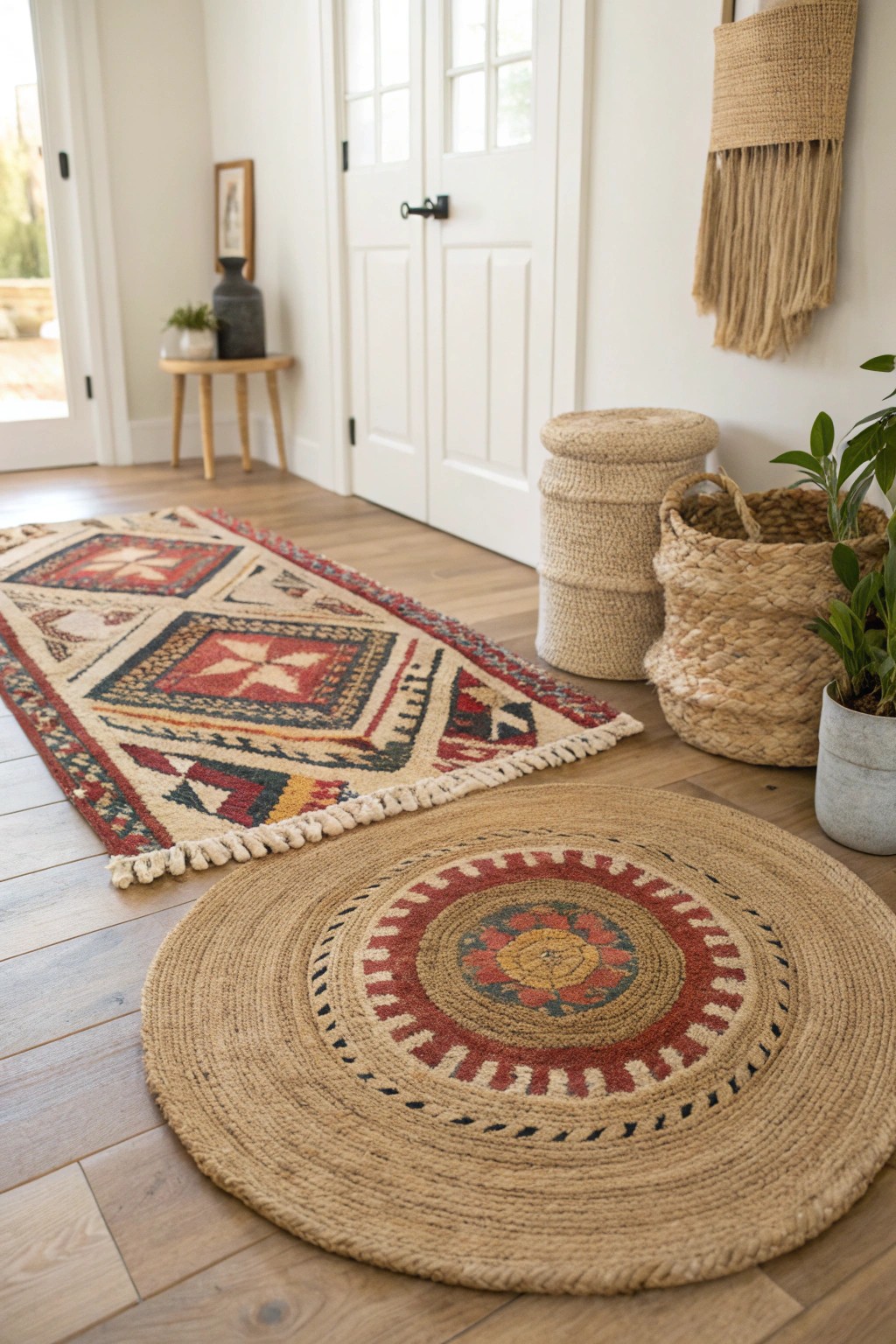 Layered rugs bring cozy texture and natural warmth to your entryway.