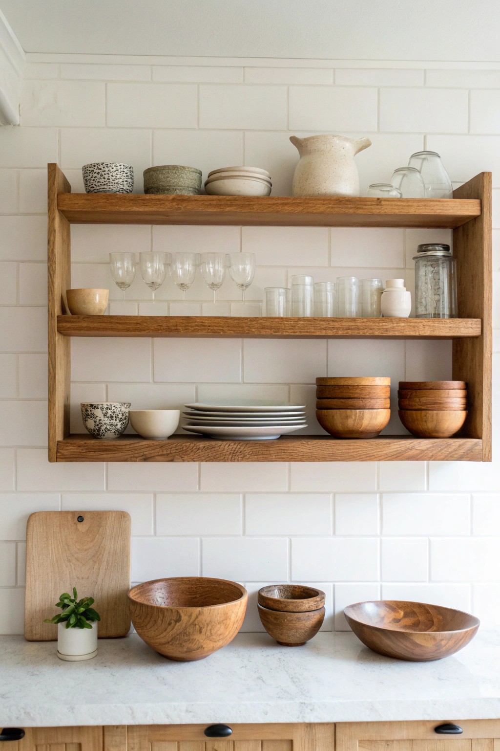 Elevate your kitchen with open shelving—simplicity meets natural beauty.