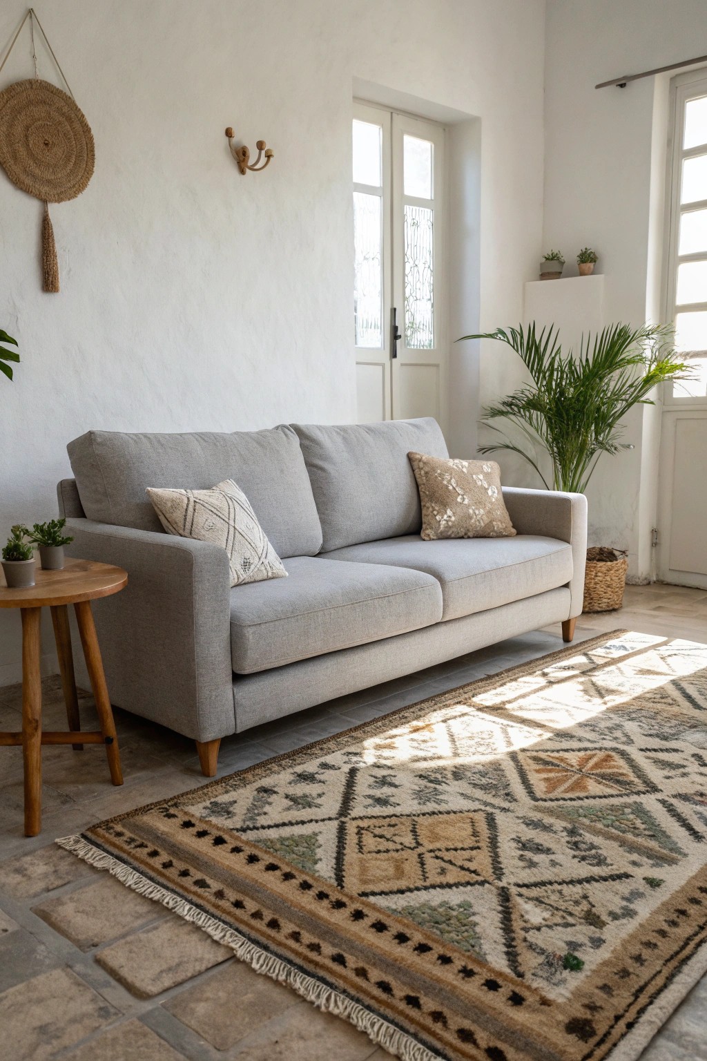 Elevate your grey sofa with a bold, artisan area rug—where simplicity meets stunning style.