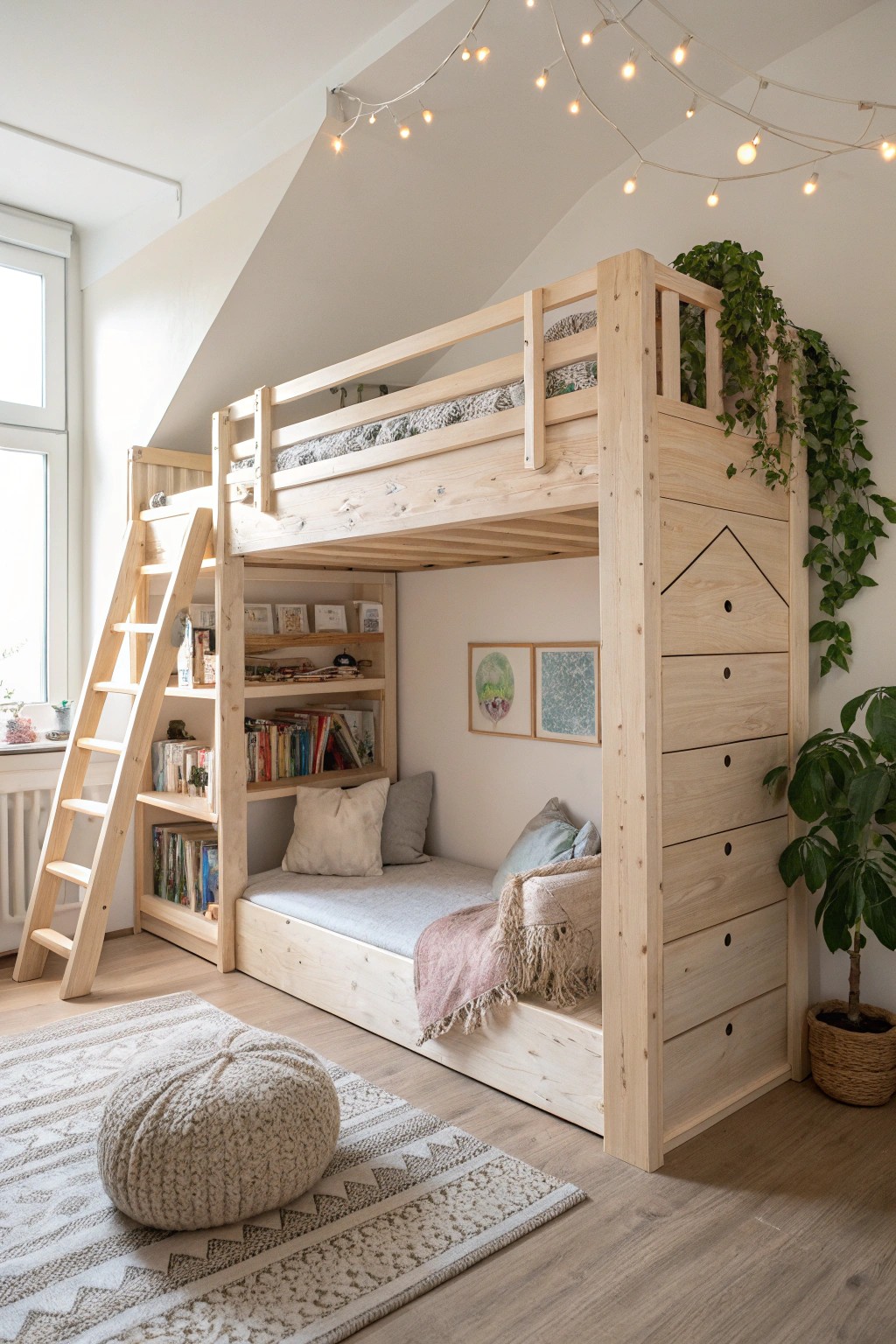 Discover the magic of hidden play zones under a handcrafted loft bed—where sleep meets adventure and style.