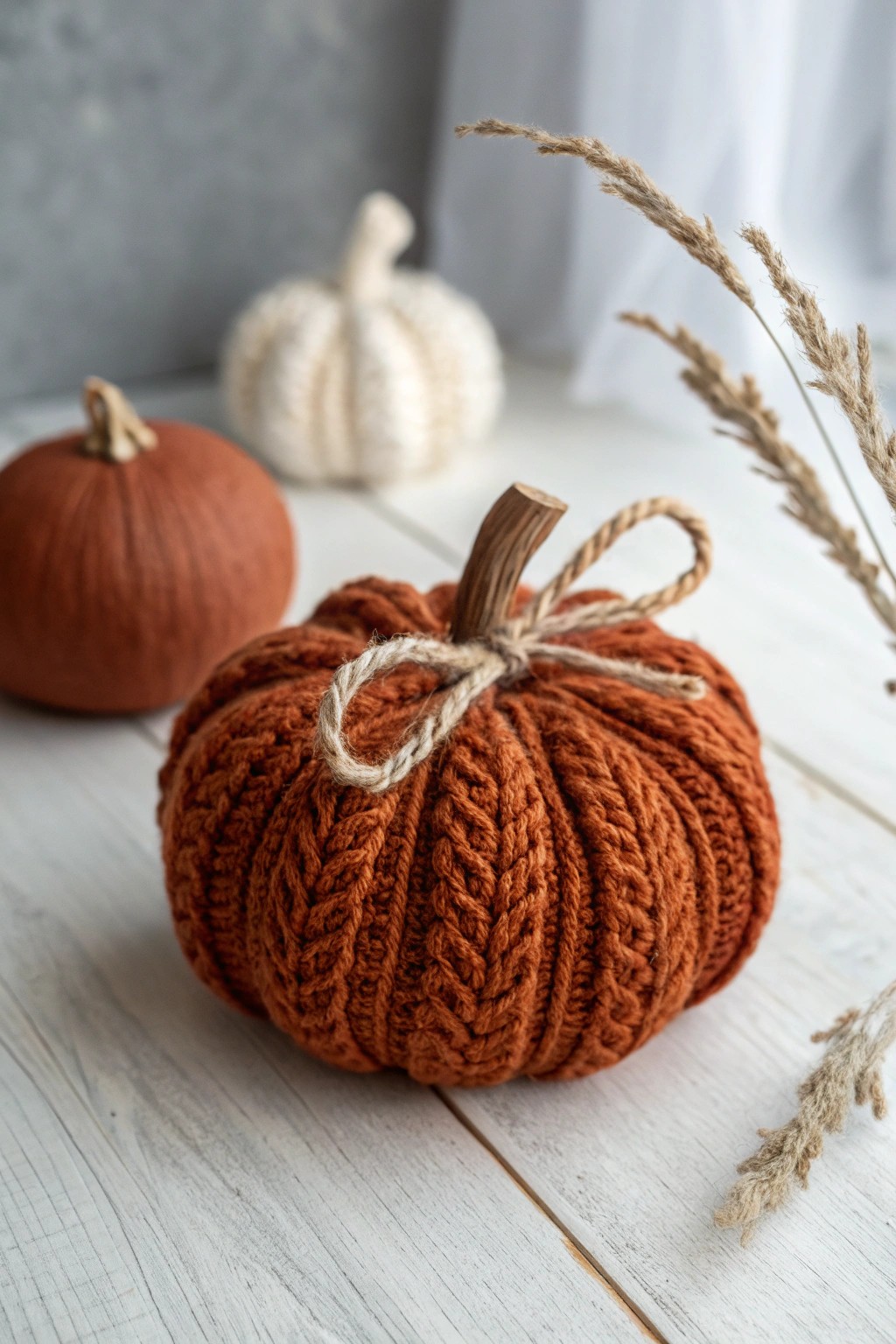 A whimsical knitted pumpkin: bold color meets cozy craft for autumn charm.