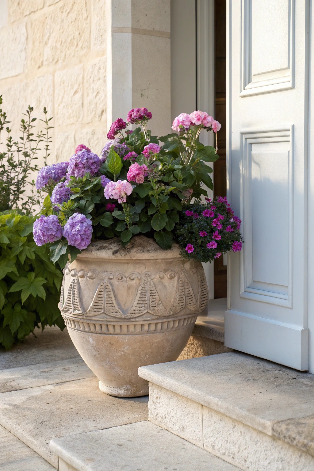 Elevate your entryway with a statement potted plant—chic, simple, and full of seasonal color.