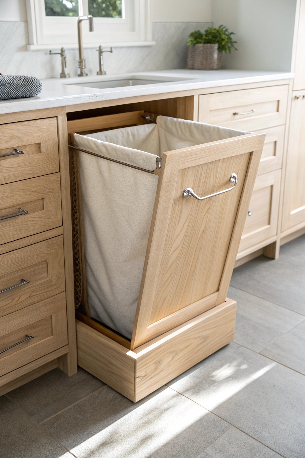 A beautifully crafted pull-out hamper cabinet—where elegance meets everyday utility.