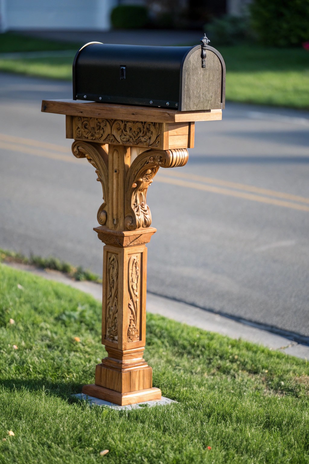 A stunning mailbox post made from a repurposed, hand-carved table leg—charm and craftsmanship at your curb.
