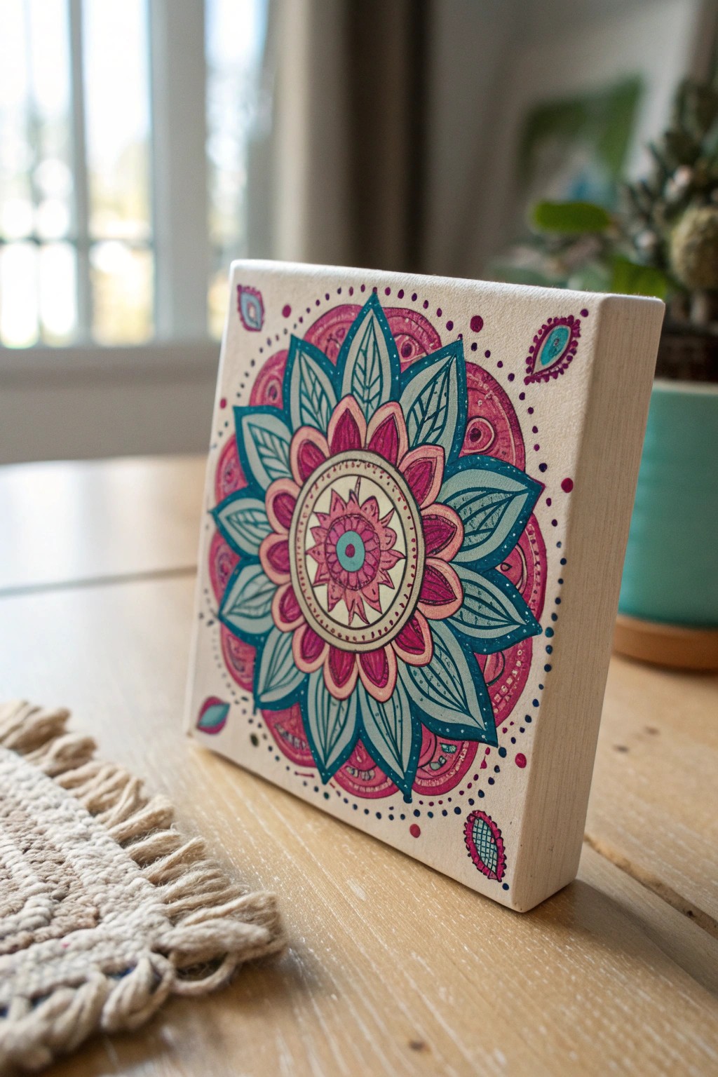 A bold, whimsical mandala brings magic to a mini canvas—perfect for a touch of artistic serenity.