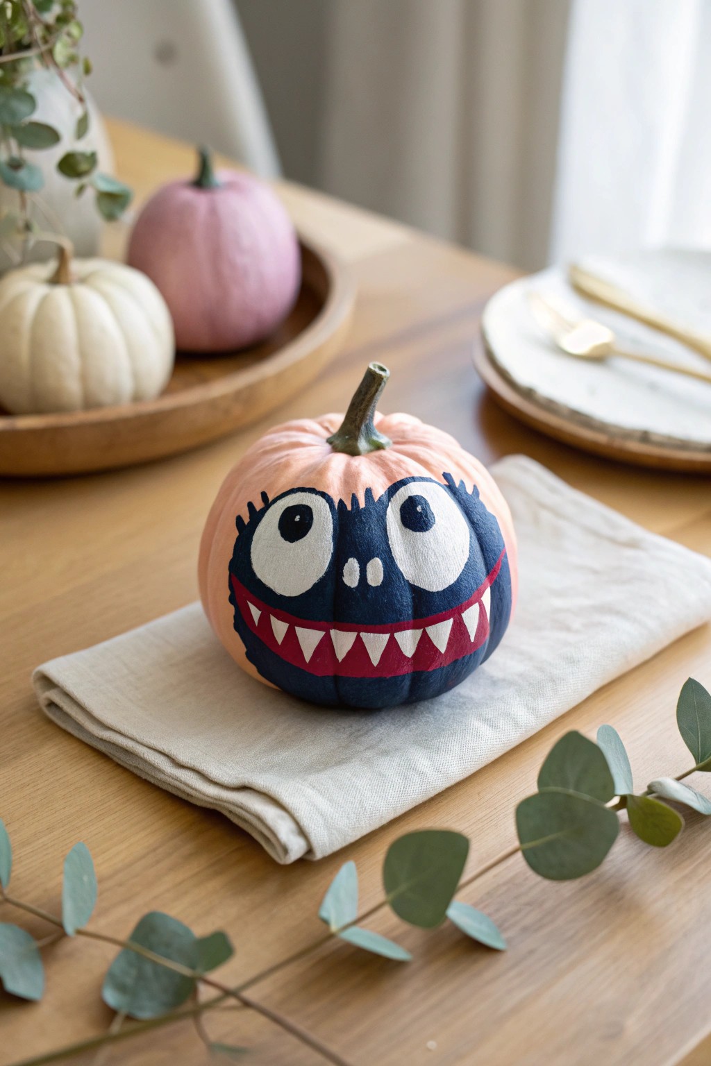 Spooky Cute: A mini pumpkin gets a playful monster makeover for modern Halloween charm.