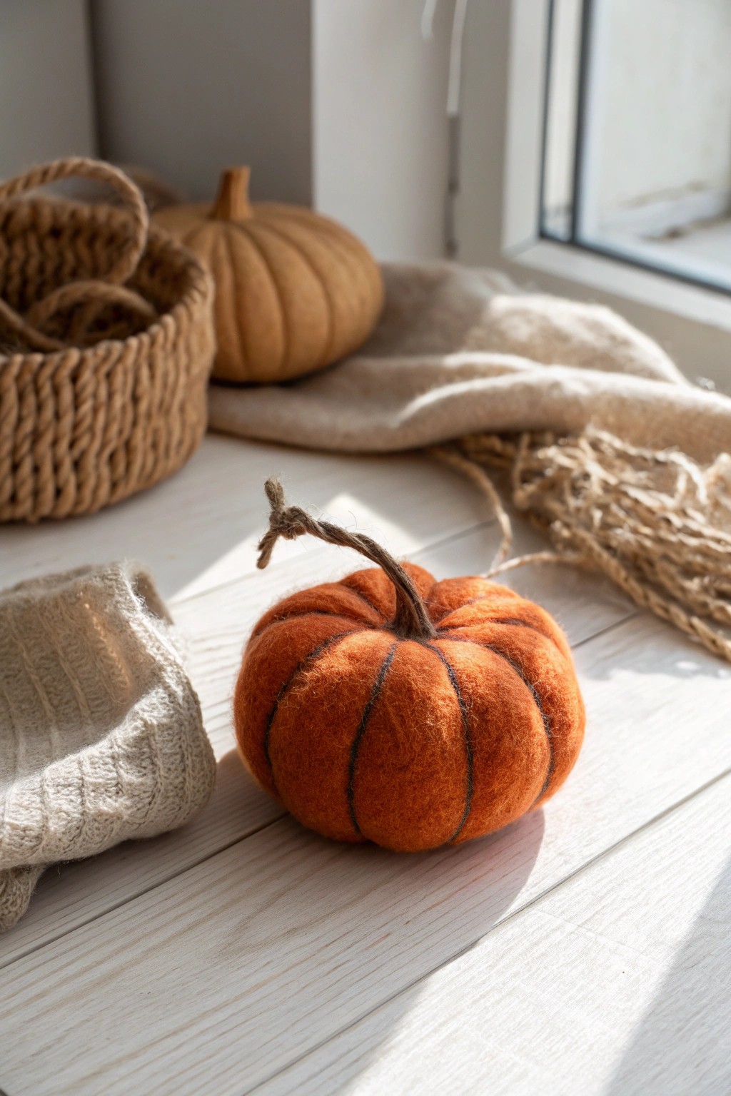 A cozy pop of fall: handcrafted needle-felted pumpkin in Scandinavian style.