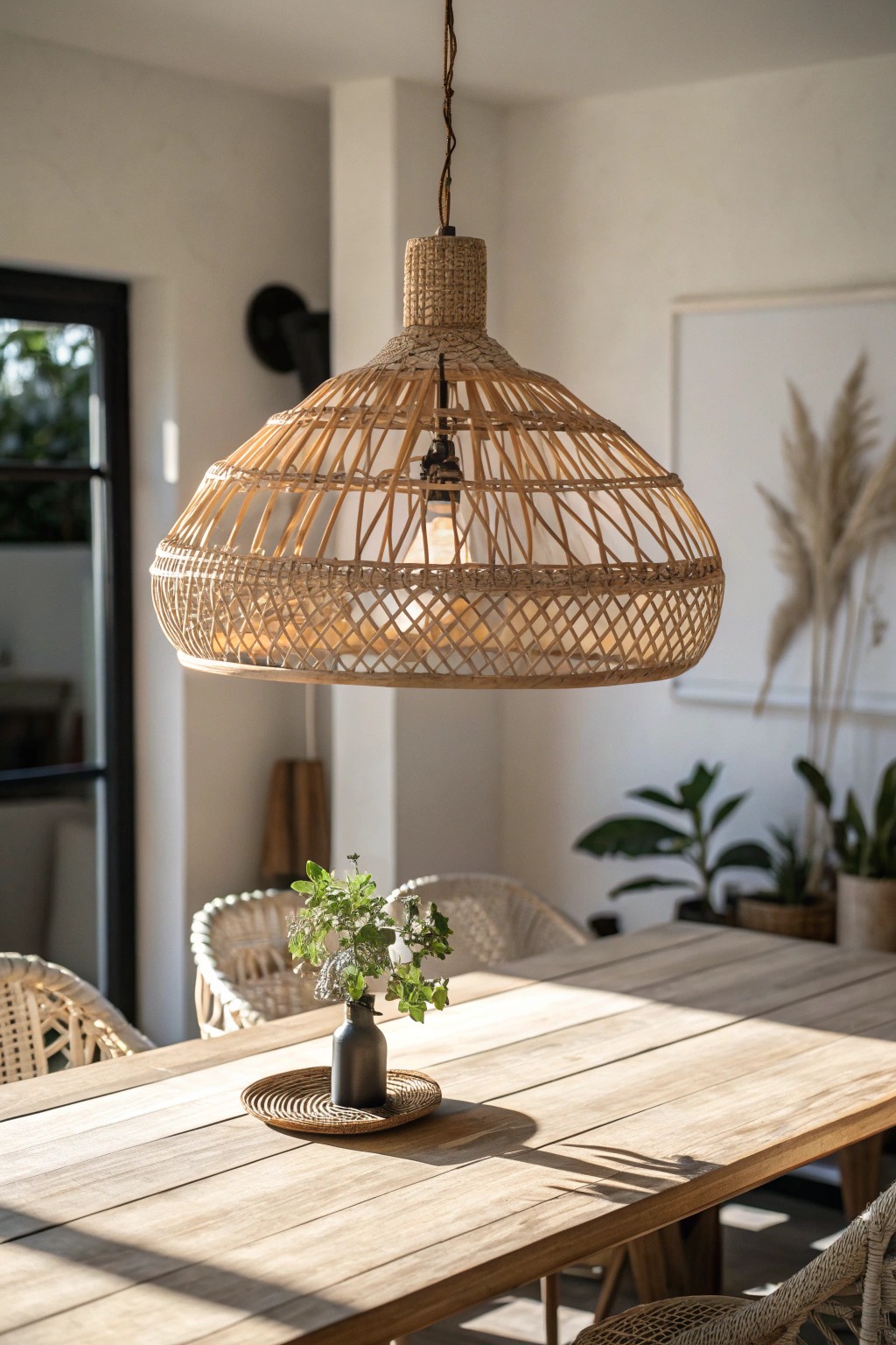 Bring natural warmth and artisan charm to your dining space with a woven rattan pendant.