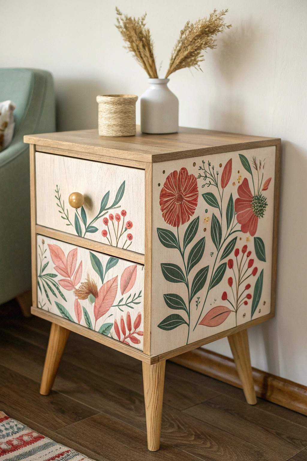 Bold blooms on a handcrafted nightstand—Scandi minimalism meets Boho charm.
