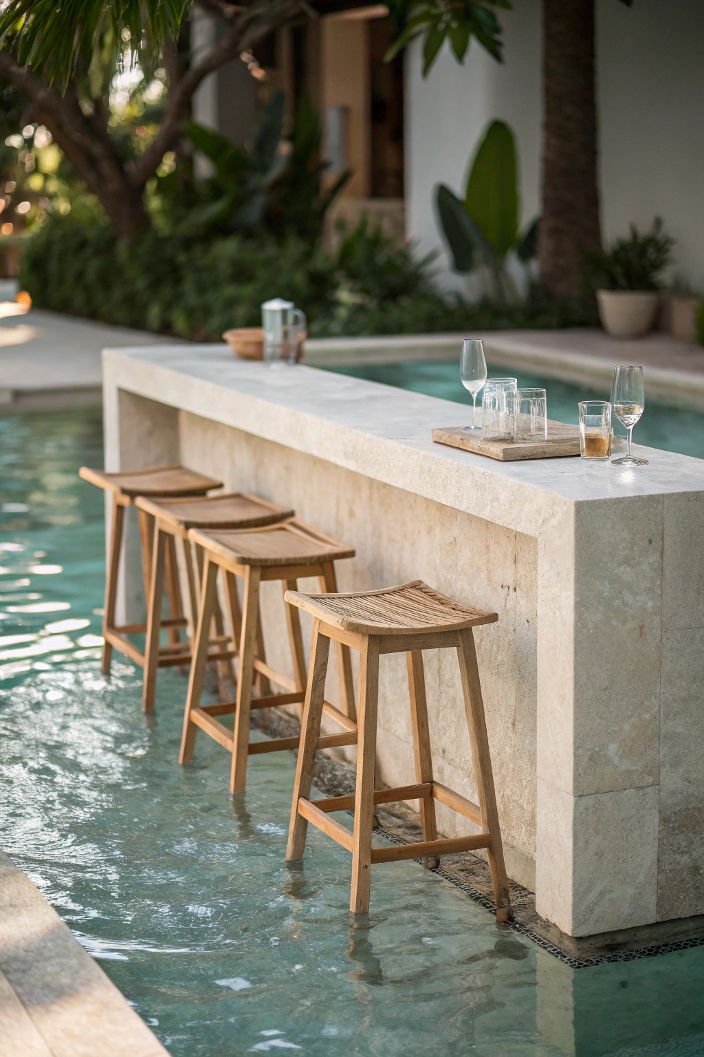Effortless poolside entertaining with a stunning handcrafted swim-up bar.