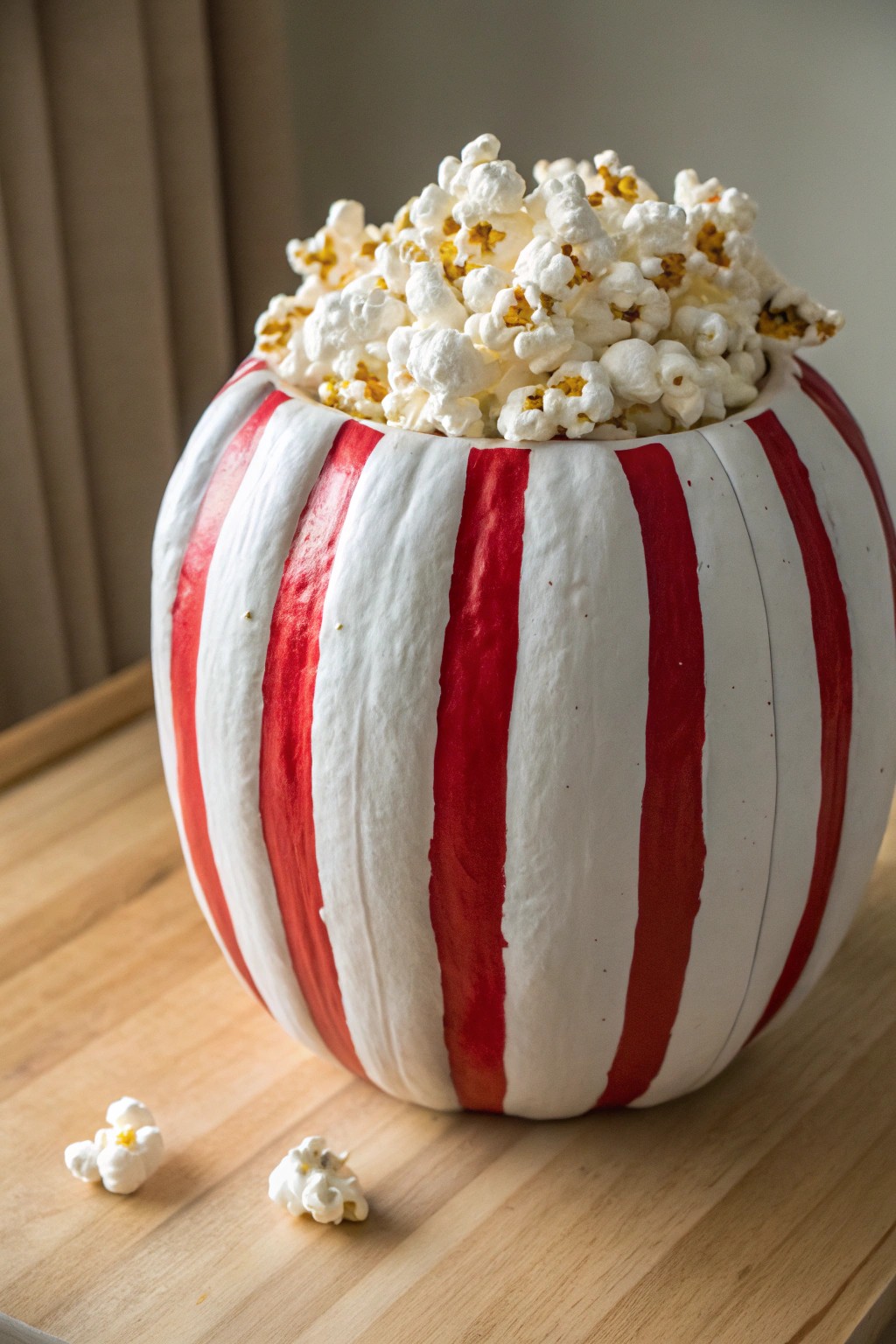 Popcorn Bucket Pumpkin: A whimsical, handcrafted twist on autumn decor.
