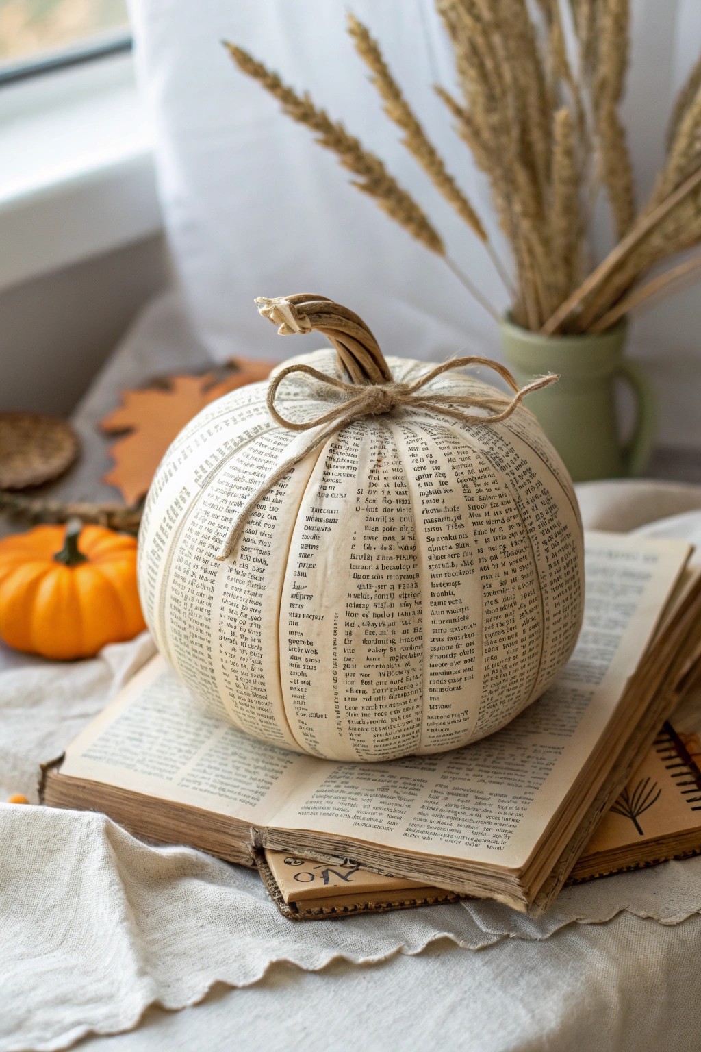 Storybook charm: A vintage book page decoupage pumpkin brings cozy, creative magic to your autumn decor.