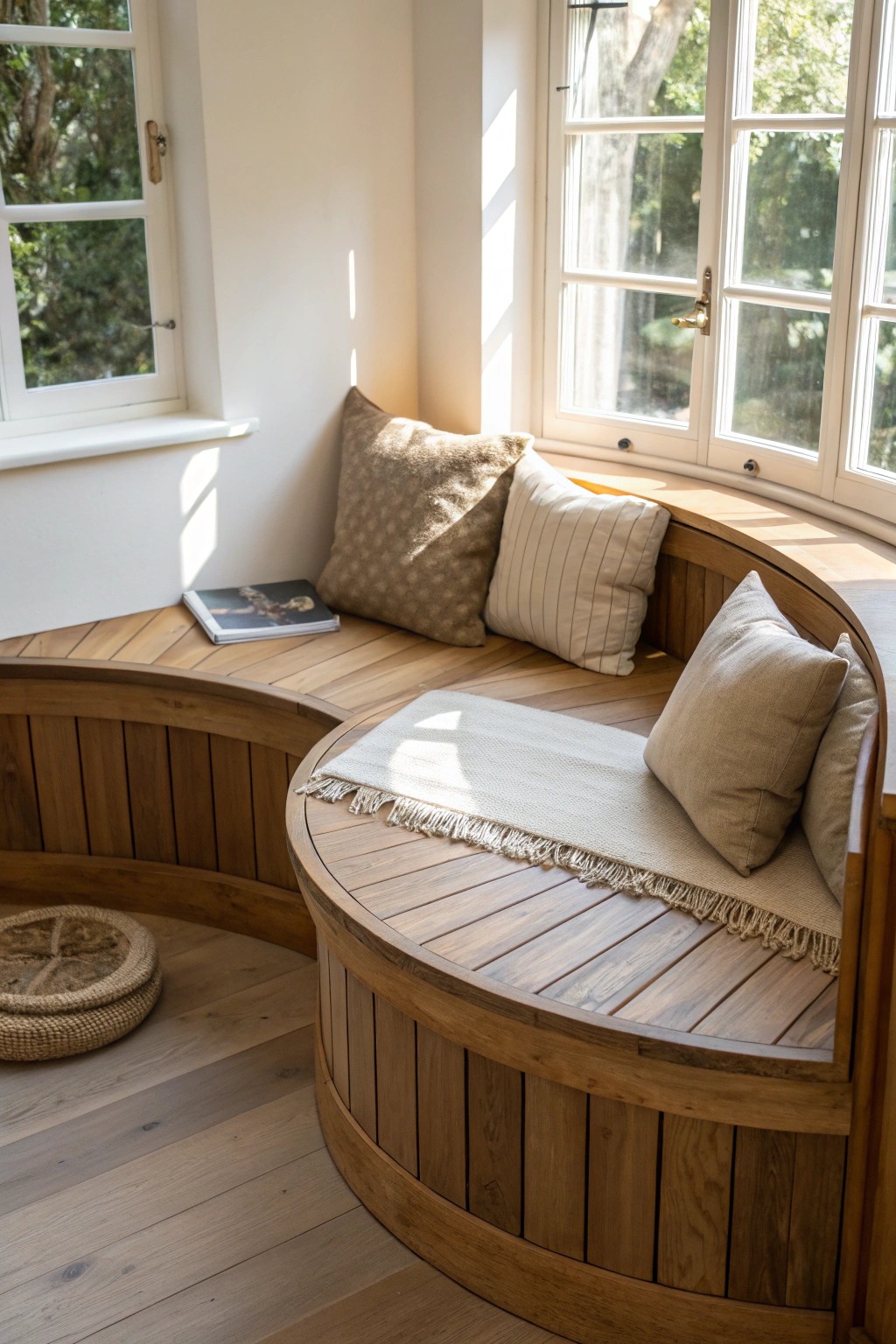 Curl up in a serene circular nook—where natural beauty meets handcrafted comfort.