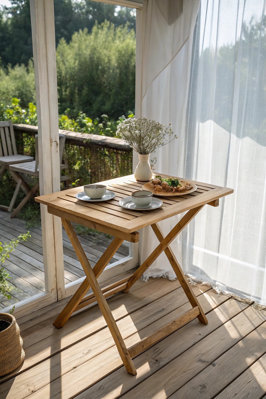 Effortless elegance: A foldable table brings flexible dining to your screened porch.