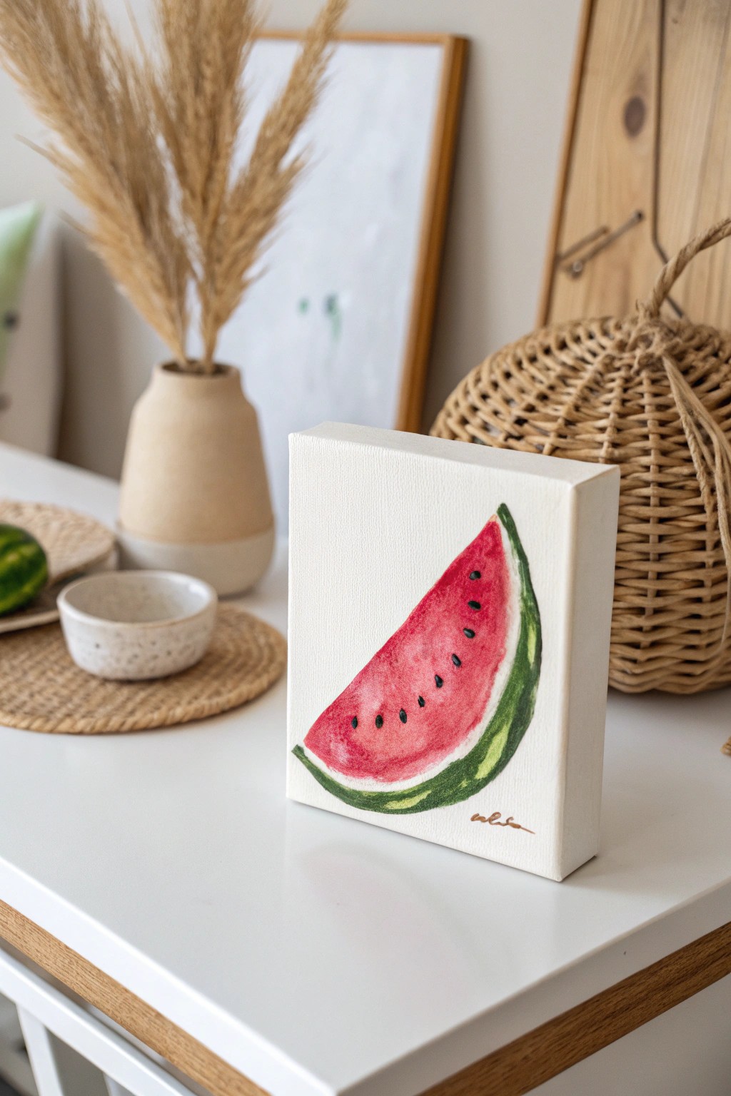 A playful watermelon slice brings a fresh pop of color to minimalist spaces.