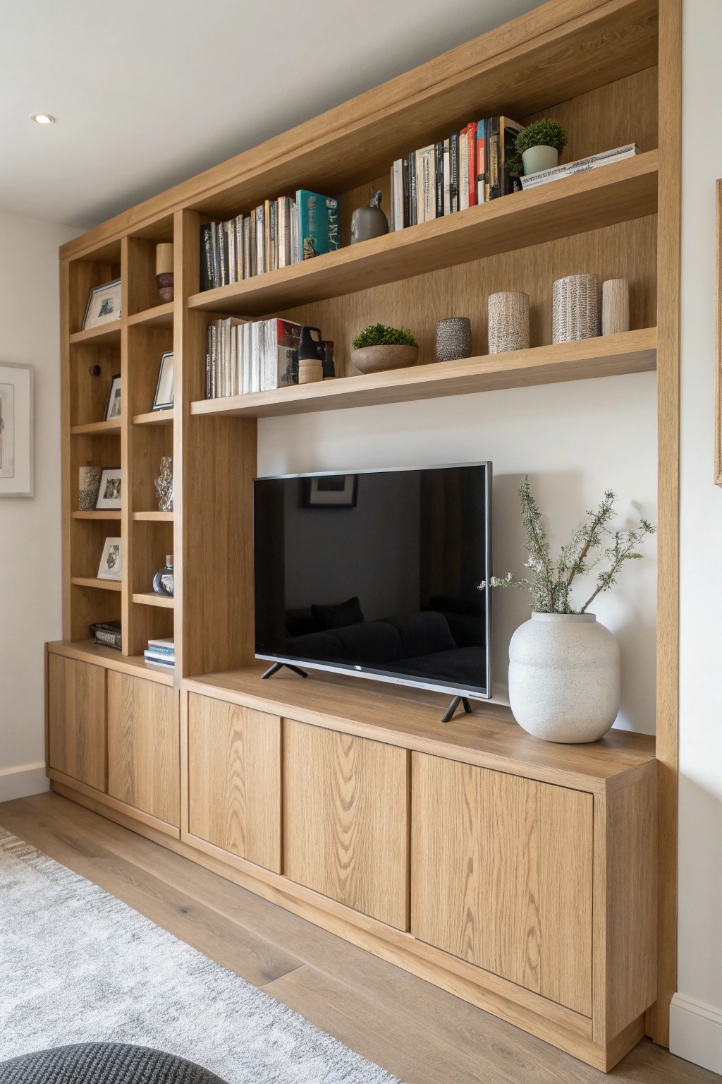 Transform your TV area with elegant built-in shelving for a serene, curated living room.