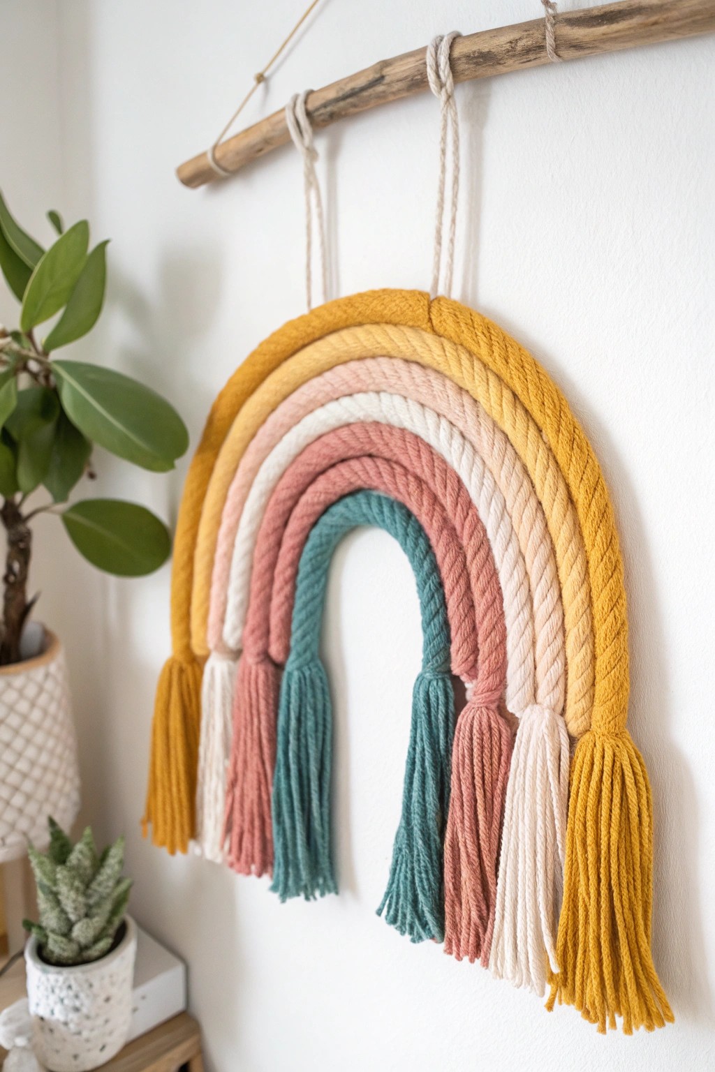 Brighten your space with a handcrafted rainbow yarn hanging—simple, bold, and utterly charming.