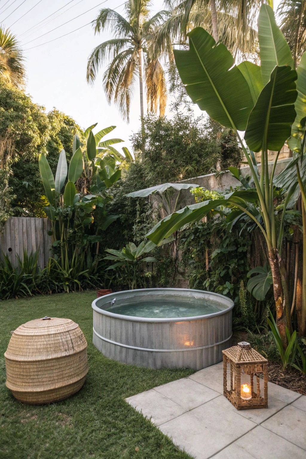 Transform your backyard into a tropical hideaway with a simple stock tank pool and lush, natural greenery.