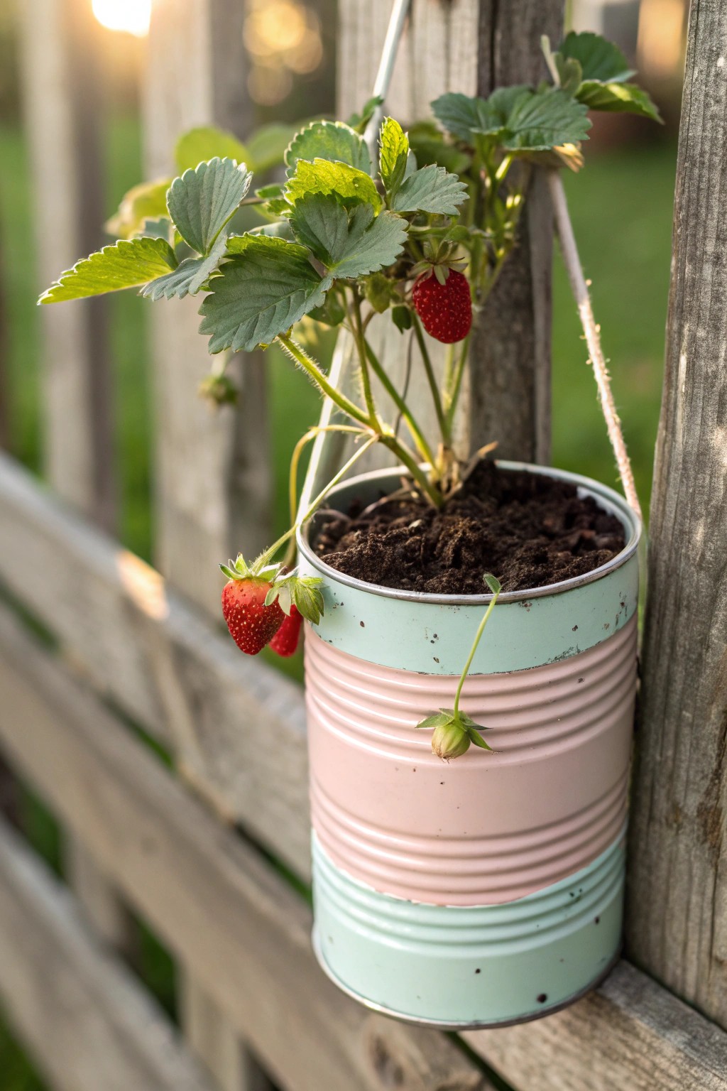 Chic simplicity: a painted tin can becomes a charming strawberry planter.
