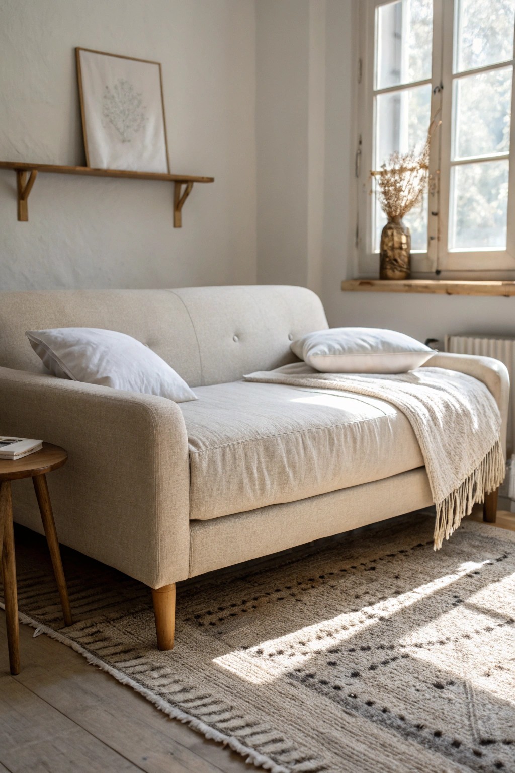 Effortless studio elegance: Float your sofa at the foot of the bed for cozy, layered living.