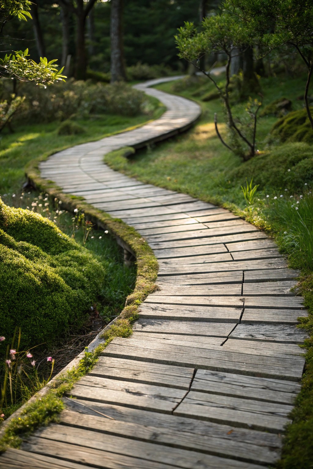 Embrace cottage charm with a handcrafted wooden plank pathway.