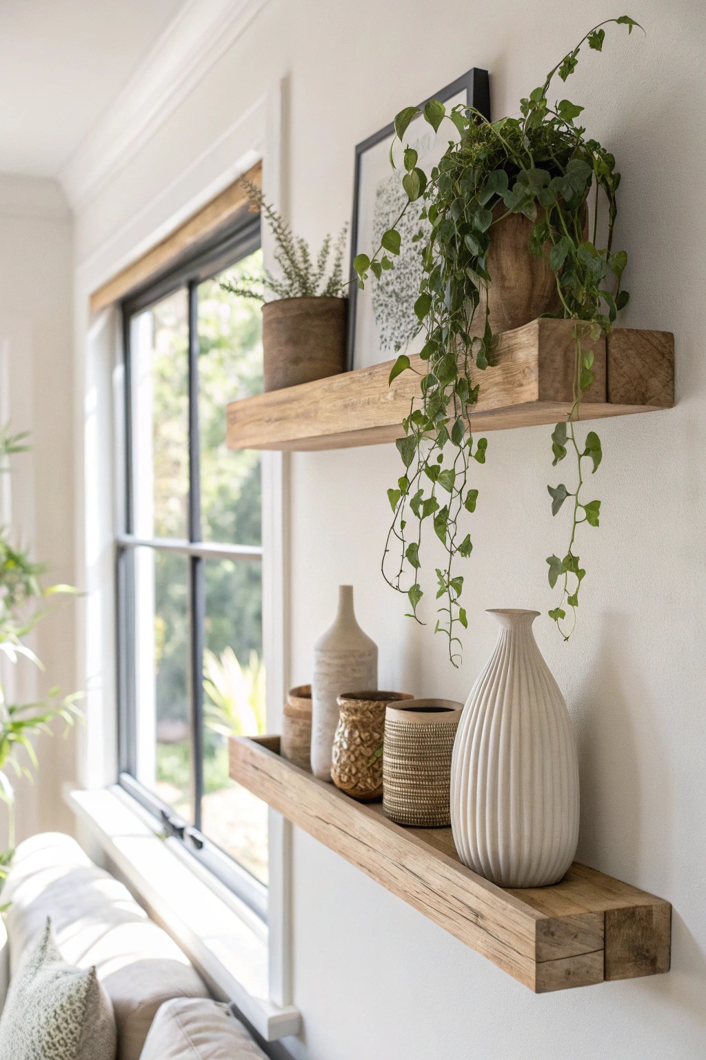 Elevate your space: Vertical shelves blend natural beauty and smart storage.