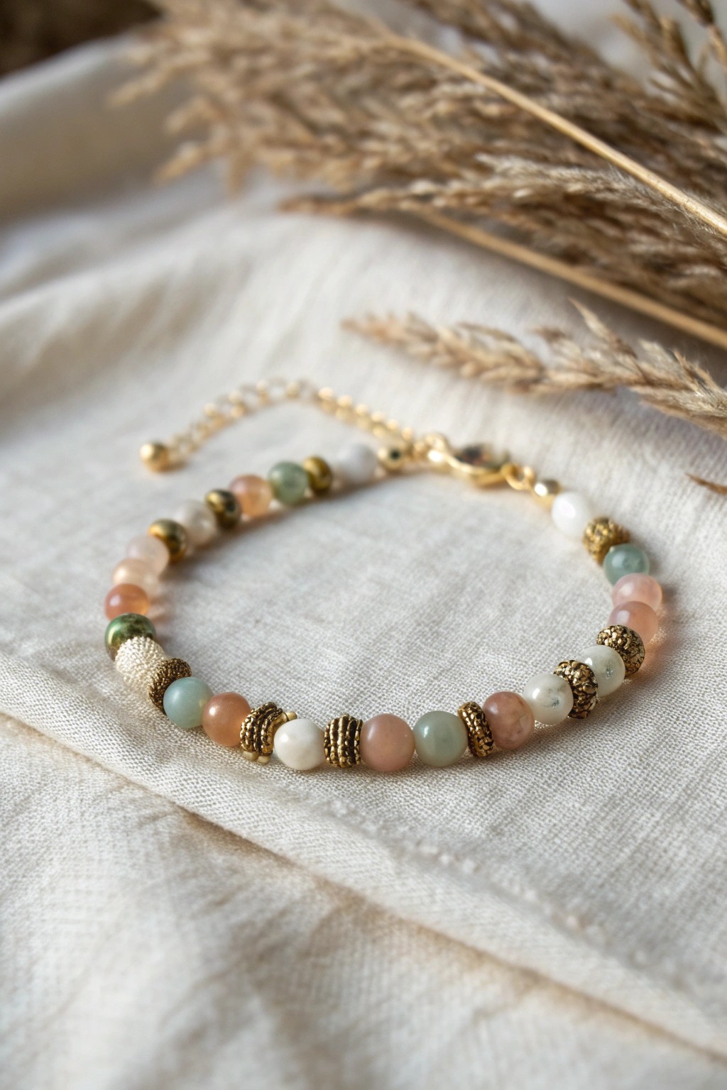 Effortlessly chic: a blend of glass, clay, and metal beads for an artful, handcrafted bracelet.