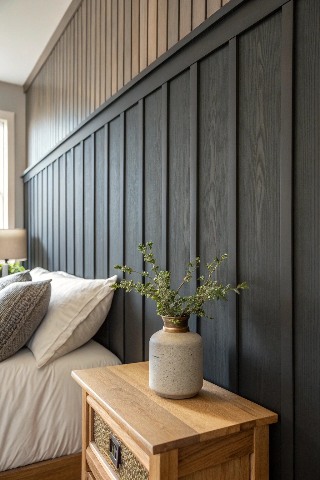 Elevate your bedroom with timeless vertical board and batten in soothing charcoal.