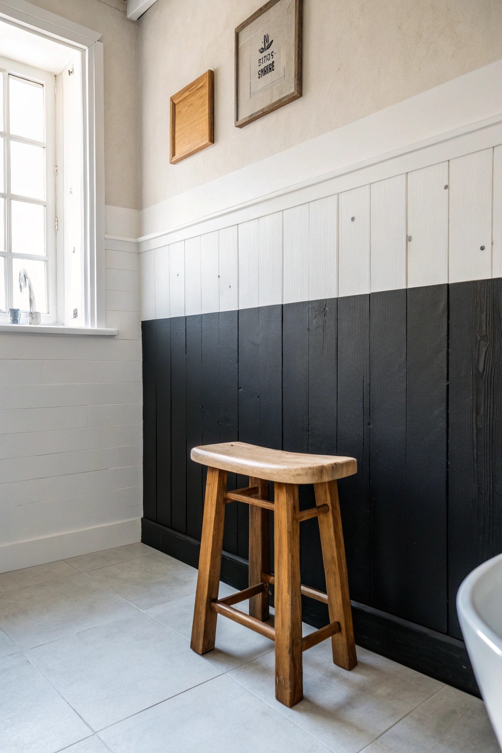 Effortless depth: Two-tone walls meet natural craftsmanship in a serene bathroom retreat.