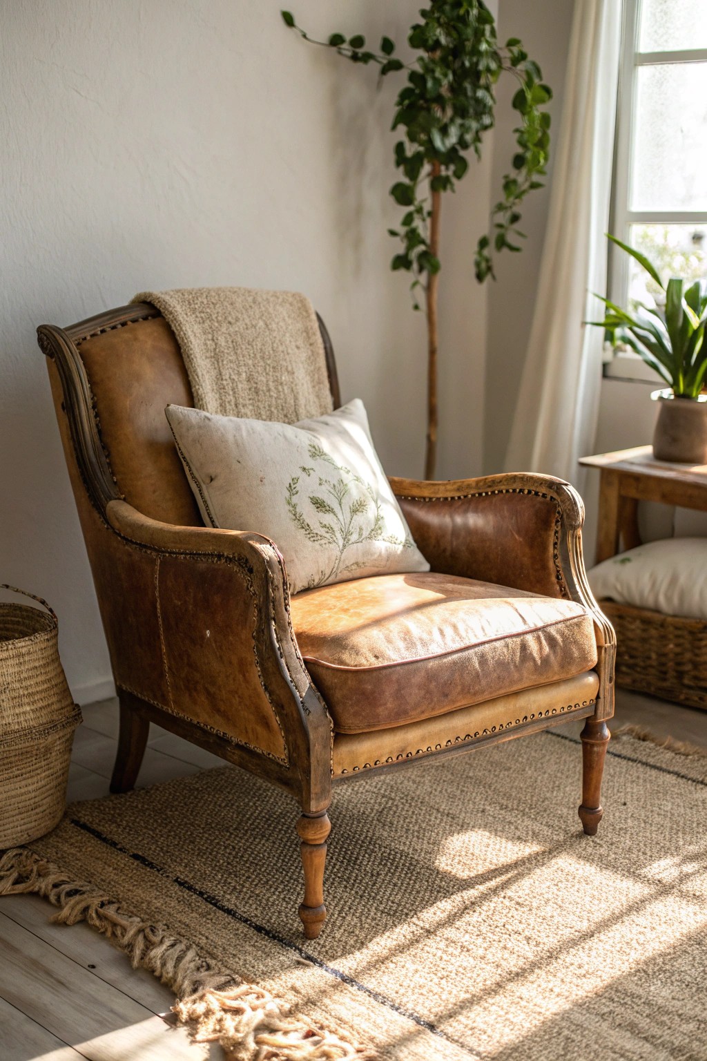 A timeless vintage armchair brings authentic boho charm to your living space.
