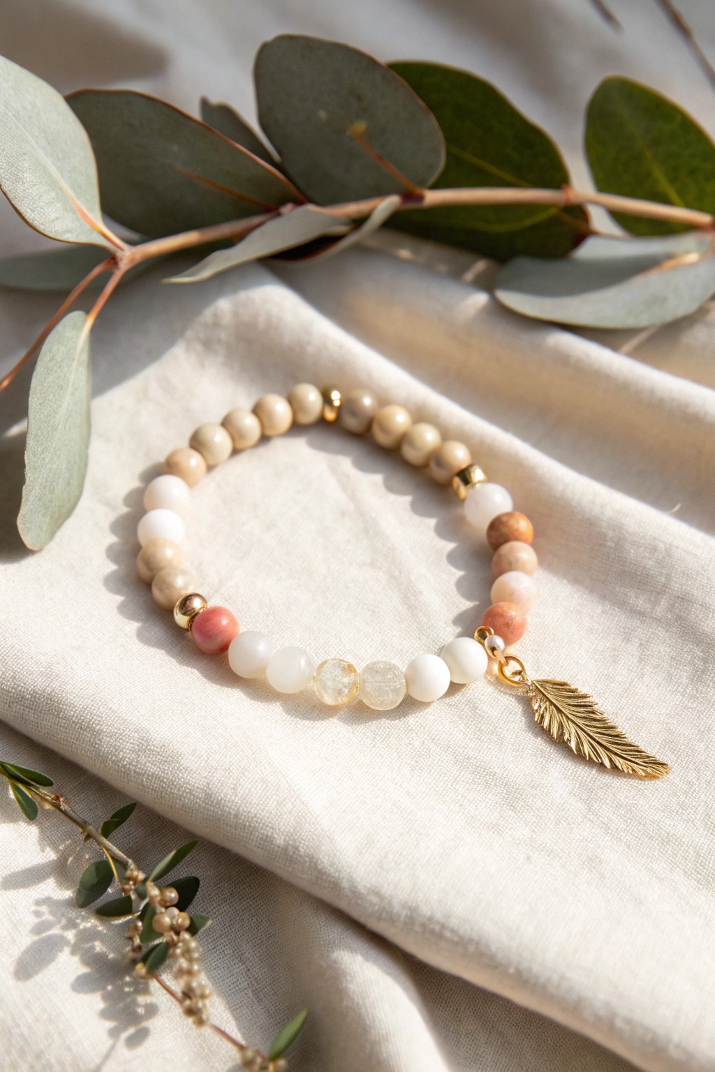 Elevate your style with a handcrafted beaded bracelet and a meaningful charm accent.