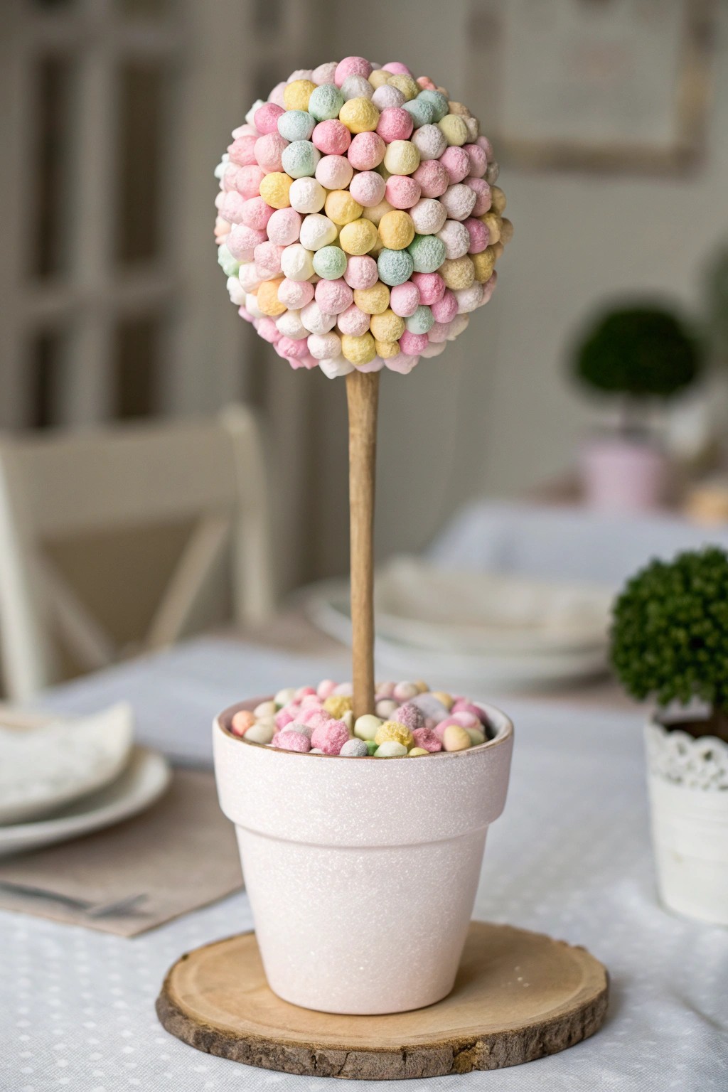Whimsical candy topiary: a sweet centerpiece with Scandinavian charm.