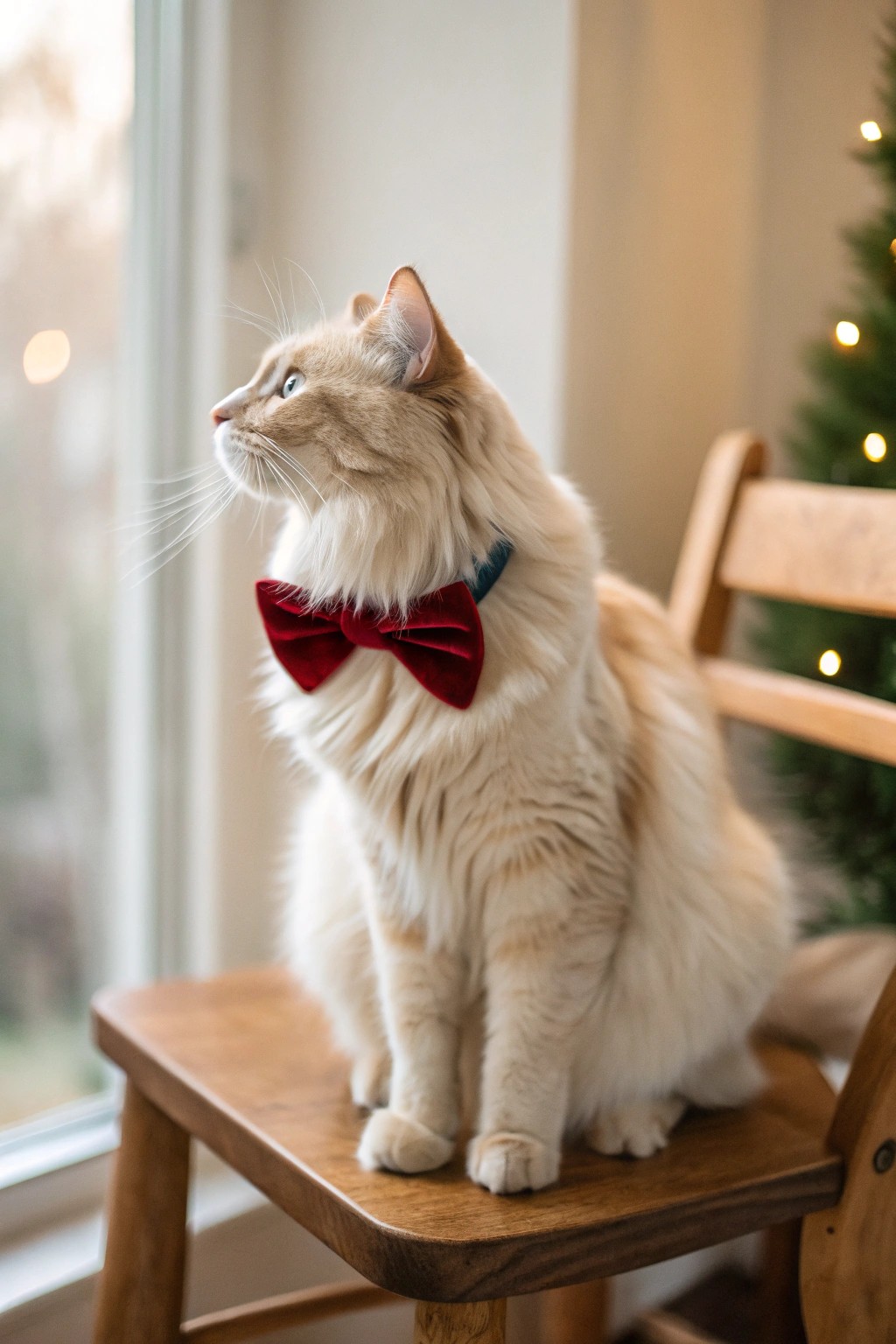 Chic holiday style: a cozy cat in a festive bowtie.