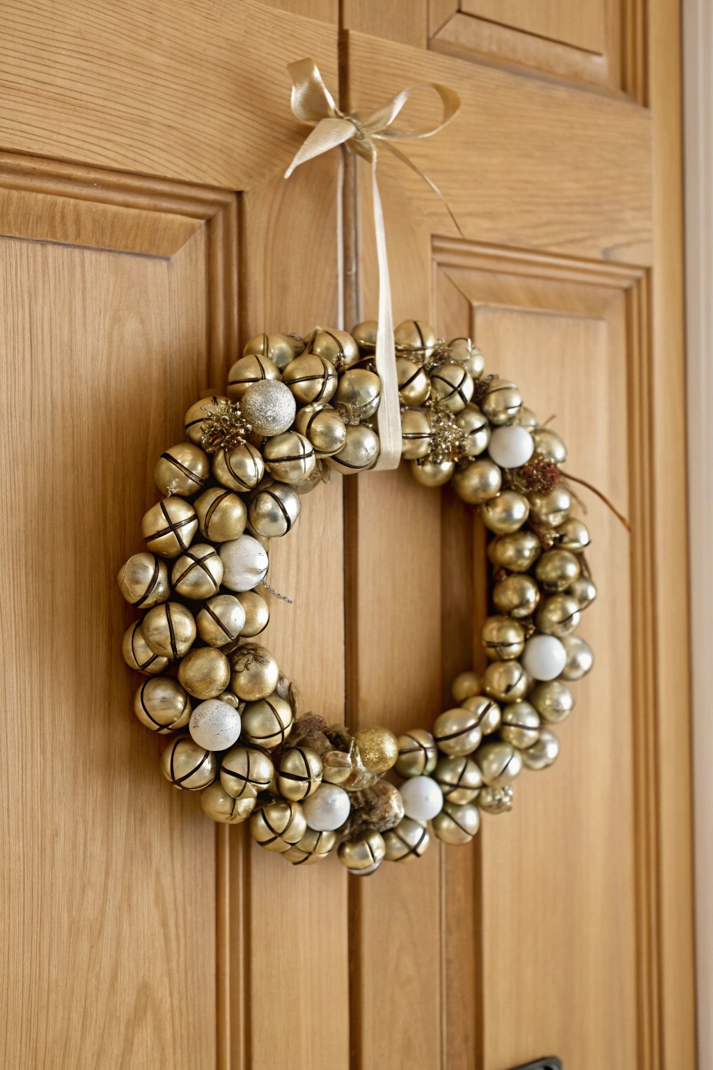 A vintage-inspired jingle bell wreath brings timeless charm and festive sparkle to any door.
