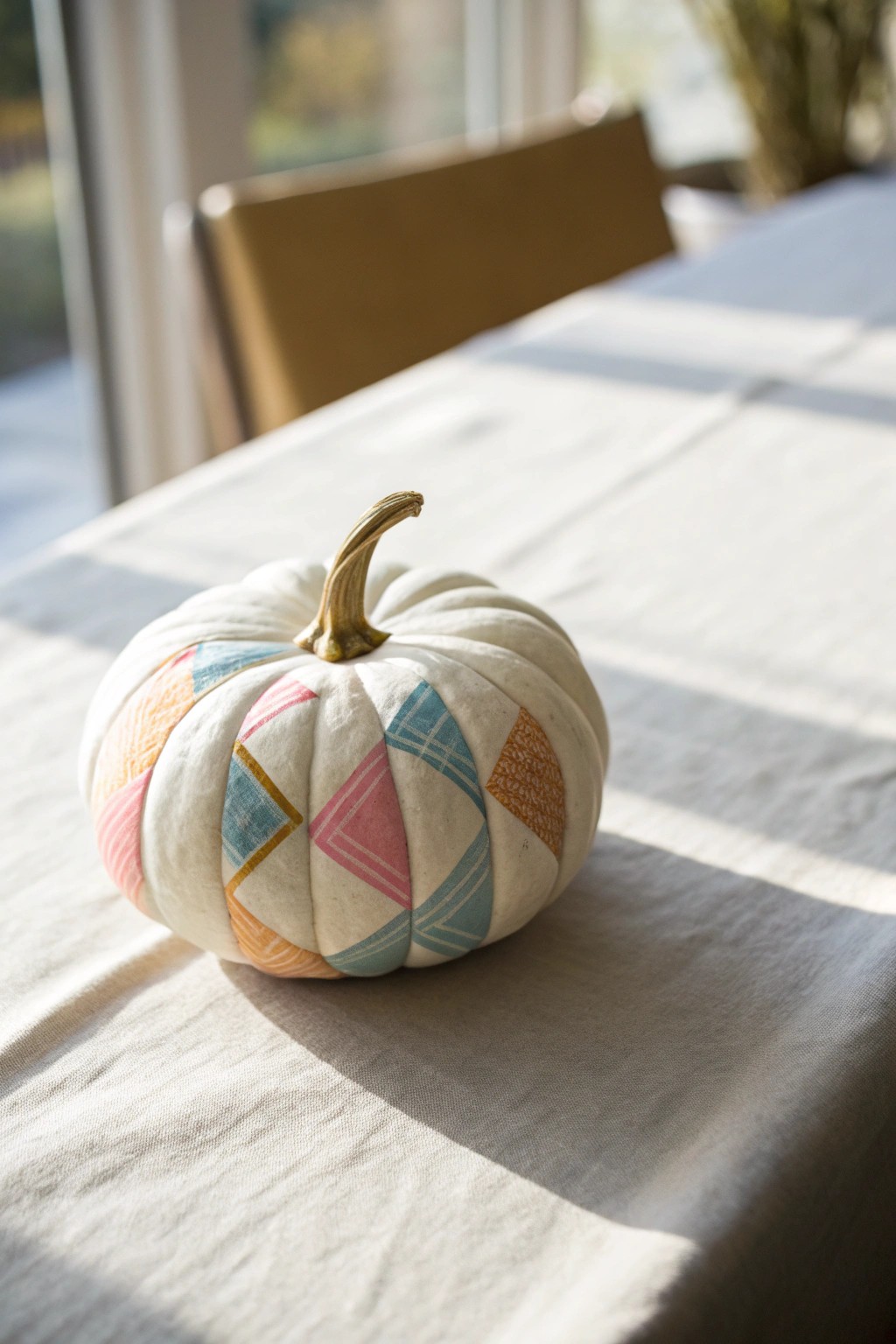 A mini pumpkin gets a playful patchwork makeover with colorful washi tape—simple, charming, and perfect for cozy fall decor.