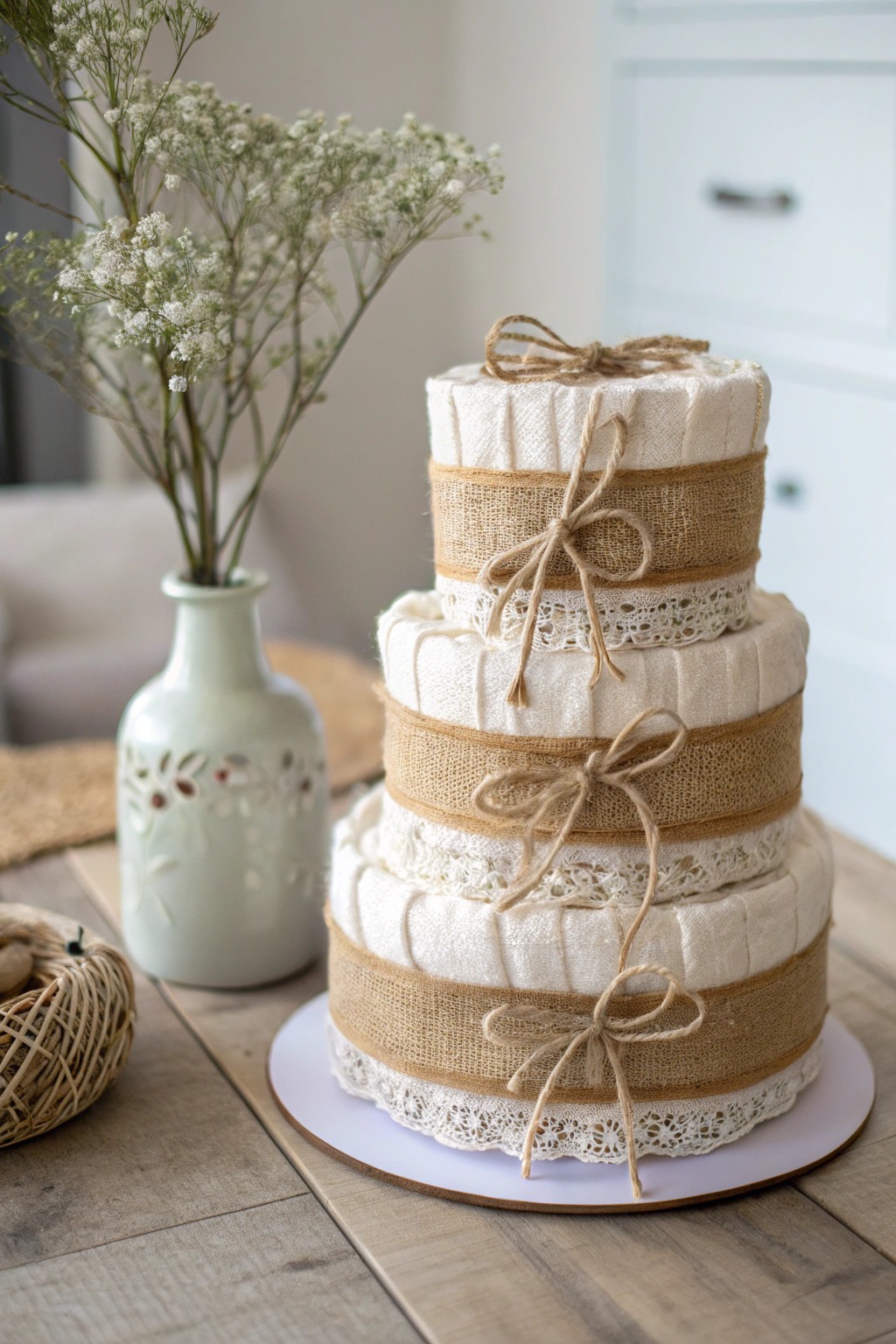 Cozy farmhouse charm: a burlap and lace diaper cake for a memorable baby shower centerpiece.
