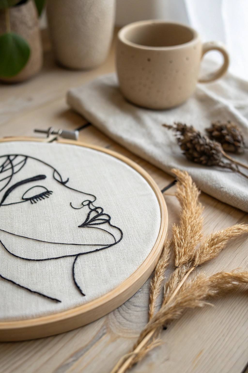 Minimalist embroidered line art—modern beauty with a handcrafted touch.