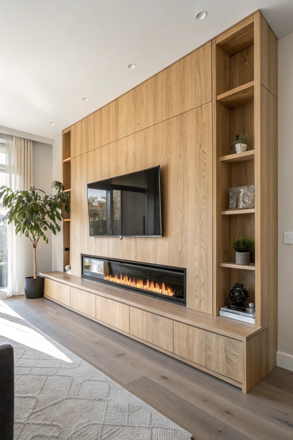 Simplicity meets warmth: a stunning integrated fireplace & media wall for modern cozy living.