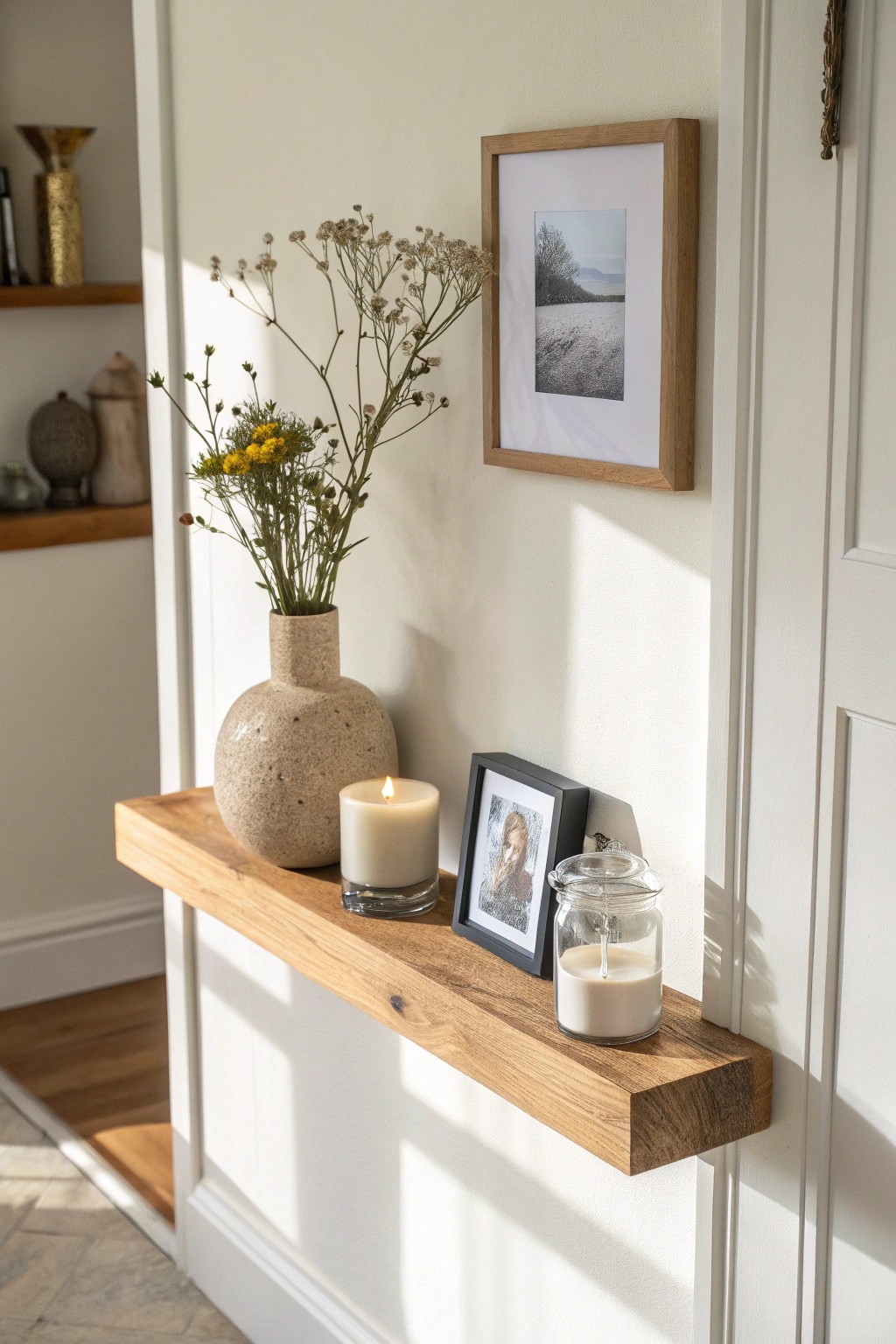 Elevate your entryway with a beautifully curated floating shelf vignette.