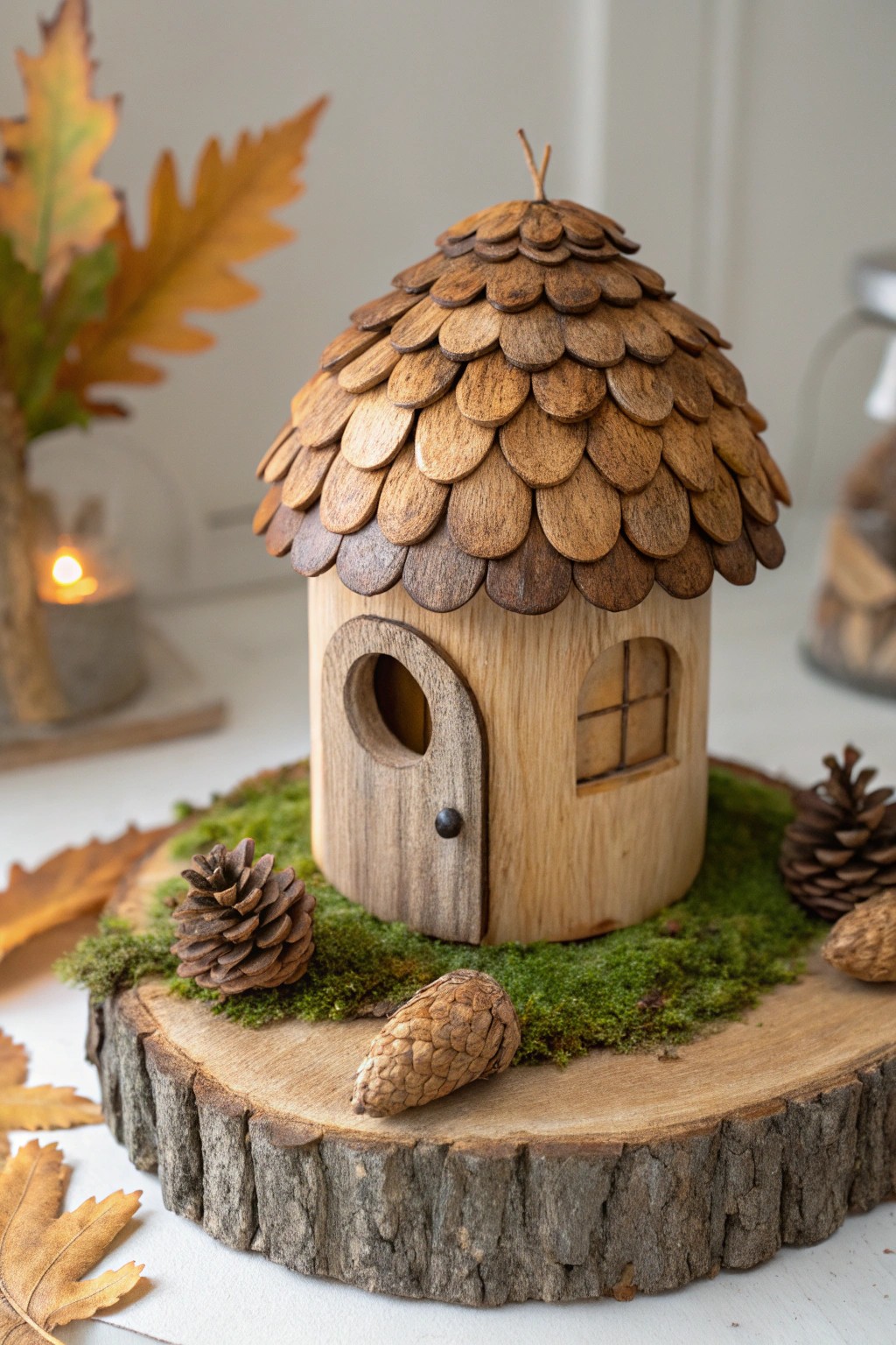 Nature’s charm: a handcrafted fairy house with an acorn cap roof, perfect for autumn magic.