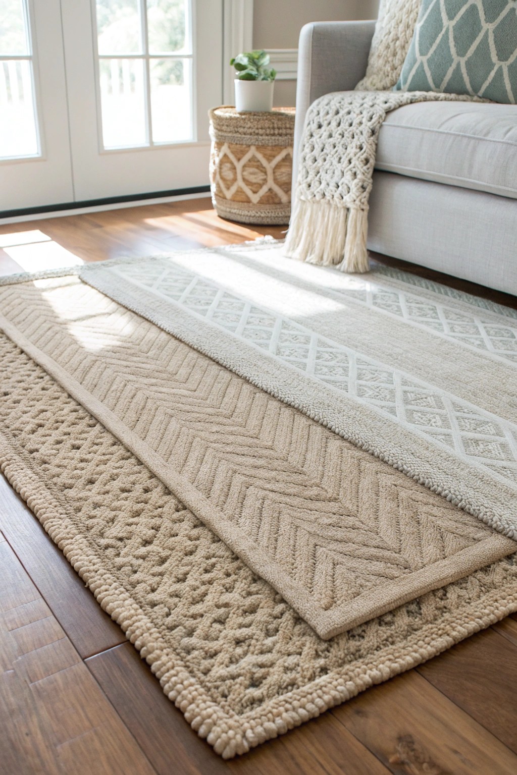 Layered rugs: simple textures, cozy warmth.
