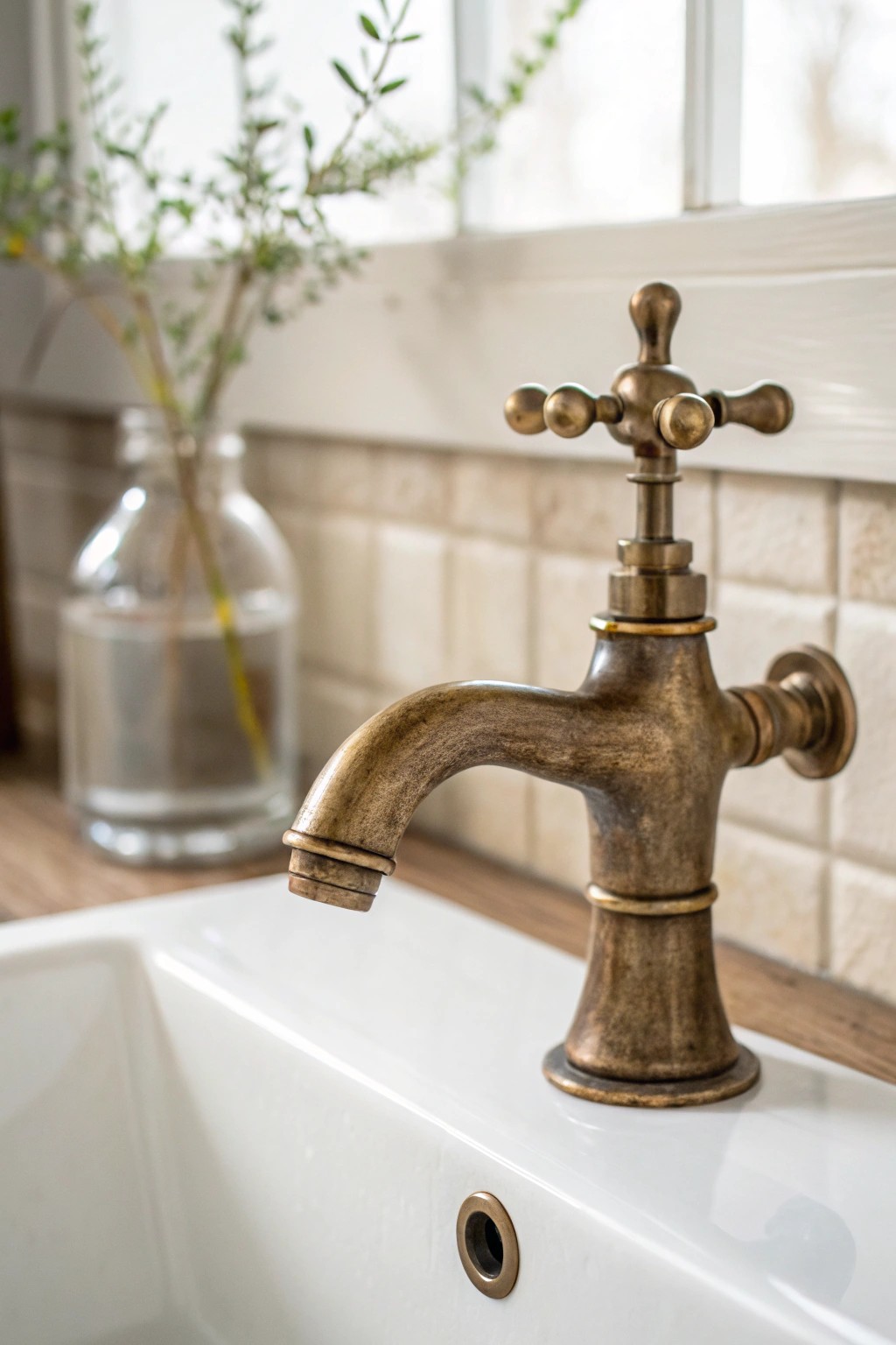 Add timeless charm with a vintage-inspired brass faucet—simple elegance for your farmhouse bathroom.