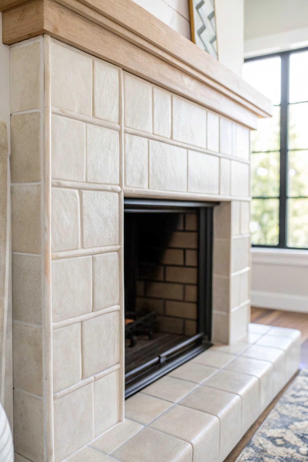 Effortless serenity: a minimalist fireplace framed by beautifully crafted monochrome tiles.