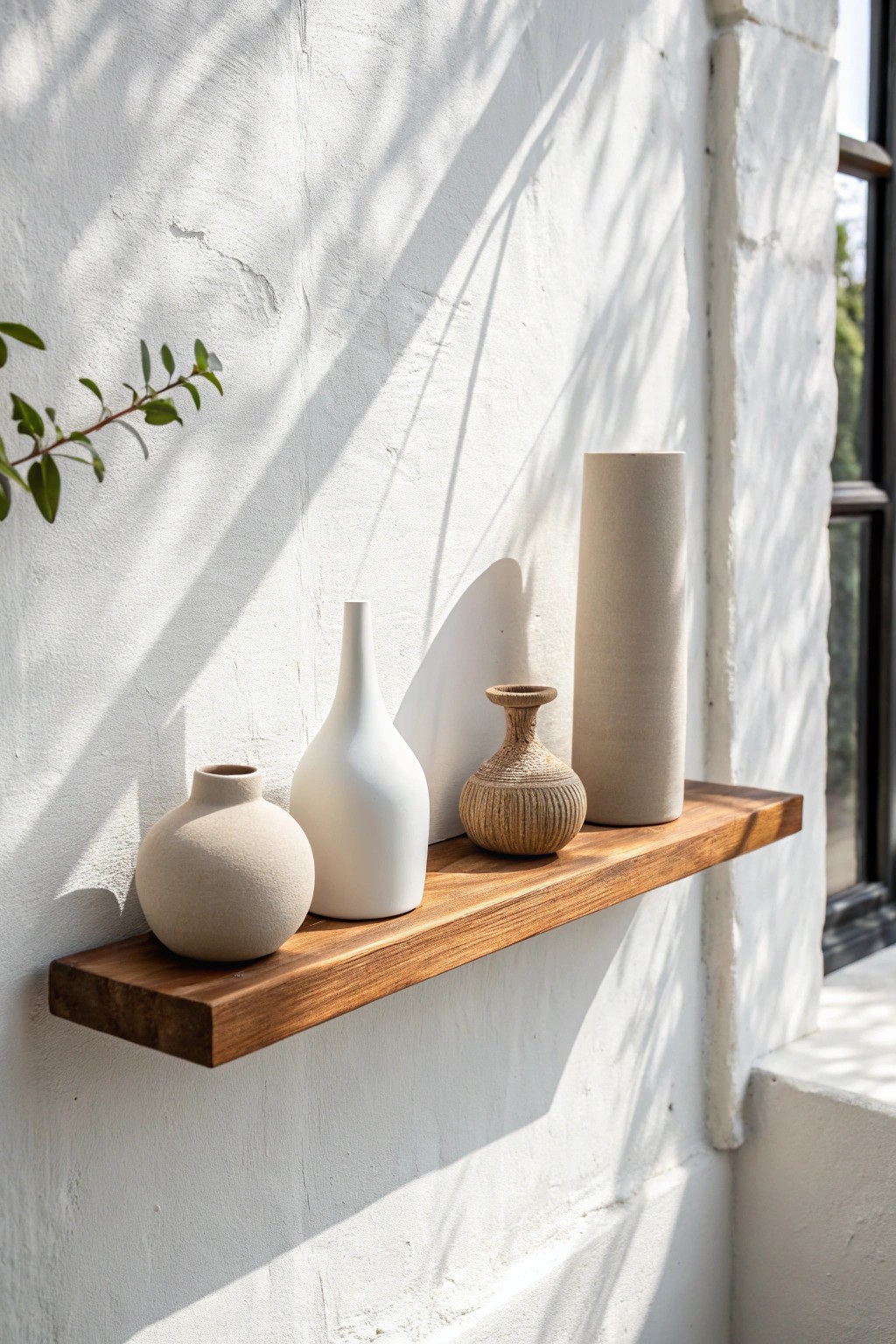 Elevate your space with minimalist monochrome elegance—simple floating shelf, artisan ceramics, pure serenity.
