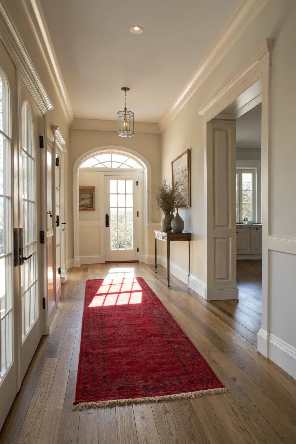 A bold red rug brings unexpected energy to a serene, minimalist foyer.