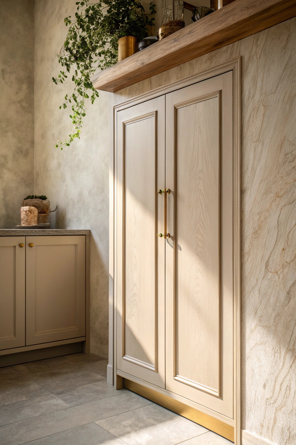 Monochrome magic: Seamless cabinetry in soothing beige for a timeless galley kitchen look.