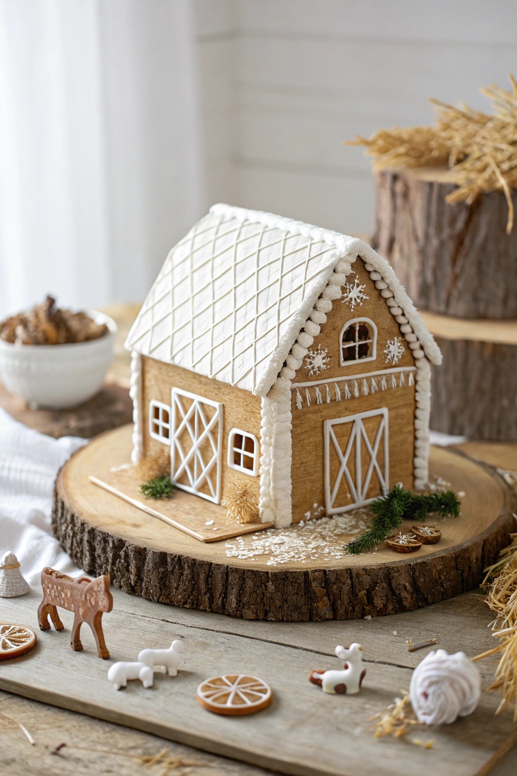 A charming gingerbread barn—Scandi simplicity meets playful creativity.
